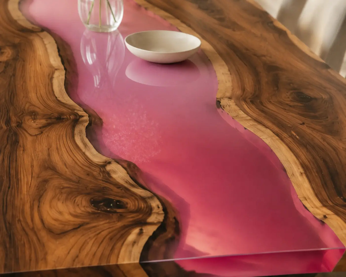 EDTC23 Rosewater River Rose Pink Epoxy Walnut Dining Table featuring handcrafted walnut wood and rose pink resin-3