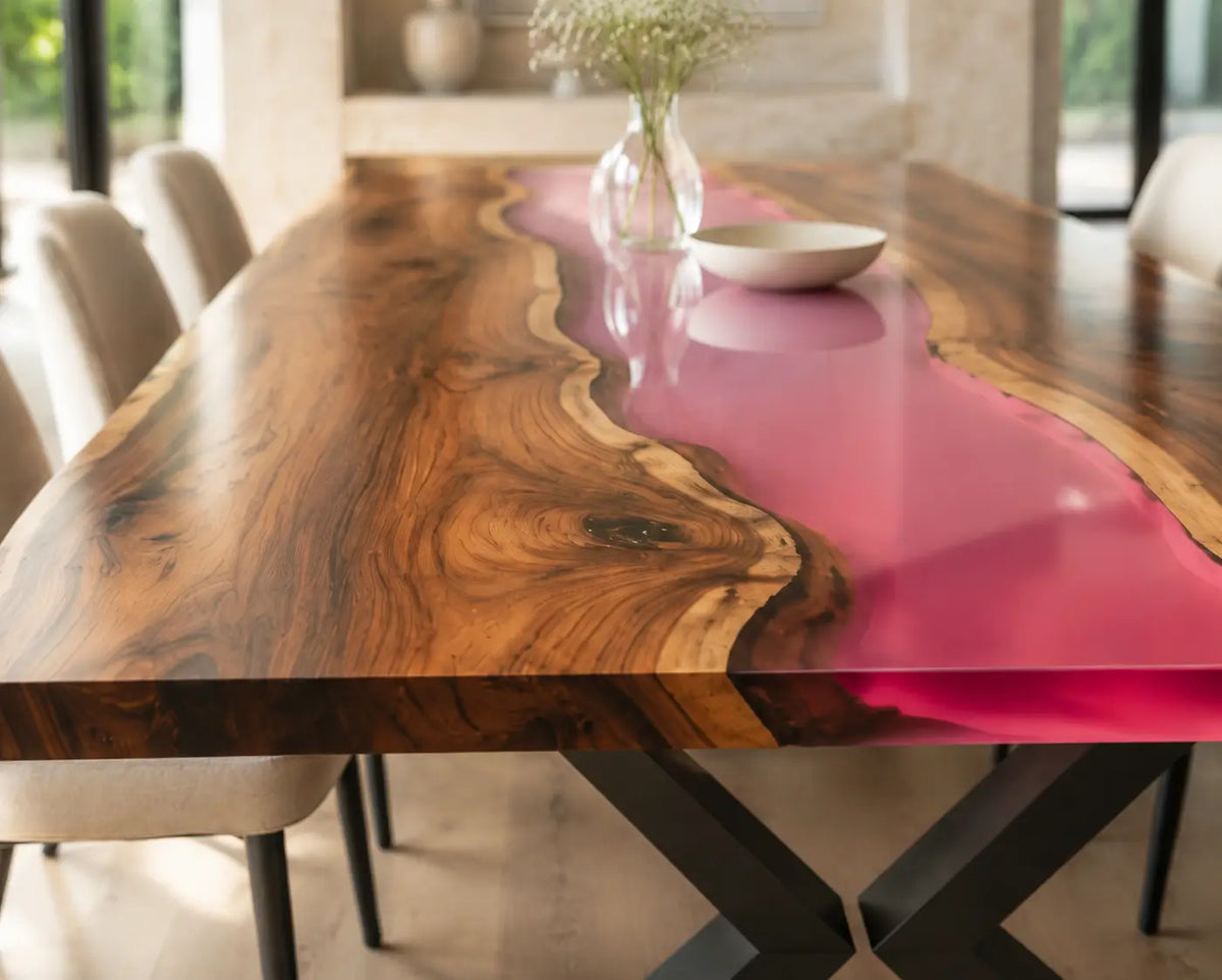 EDTC23 Rosewater River Rose Pink Epoxy Walnut Dining Table featuring handcrafted walnut wood and rose pink resin-4