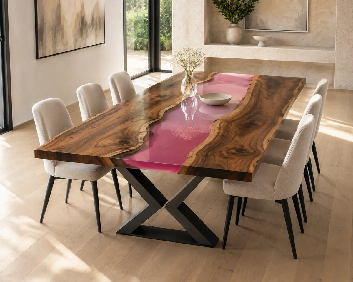 EDTC23 Rosewater River Rose Pink Epoxy Walnut Dining Table featuring handcrafted walnut wood and rose pink resin-5