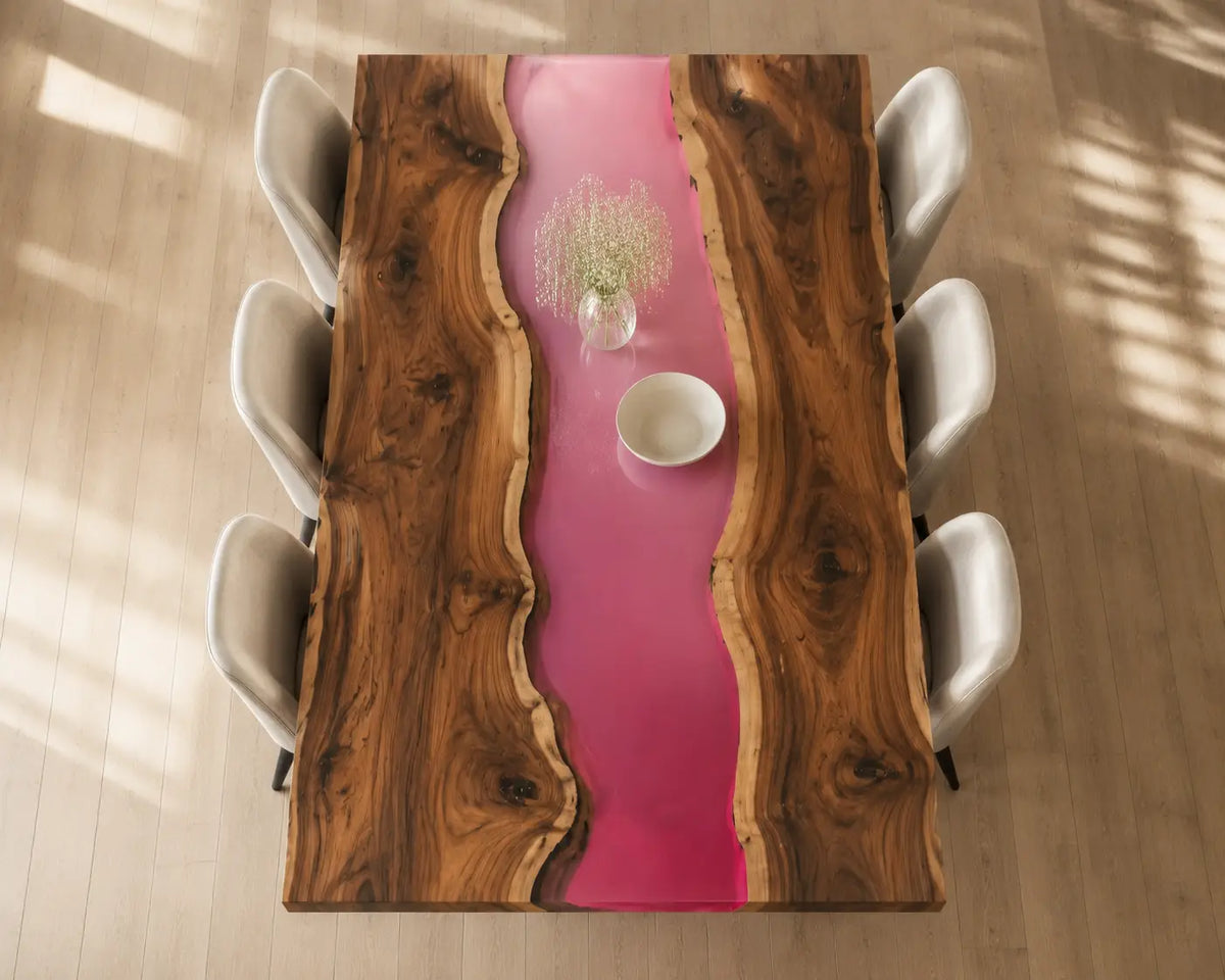EDTC23 Rosewater River Rose Pink Epoxy Walnut Dining Table featuring handcrafted walnut wood and rose pink resin-6