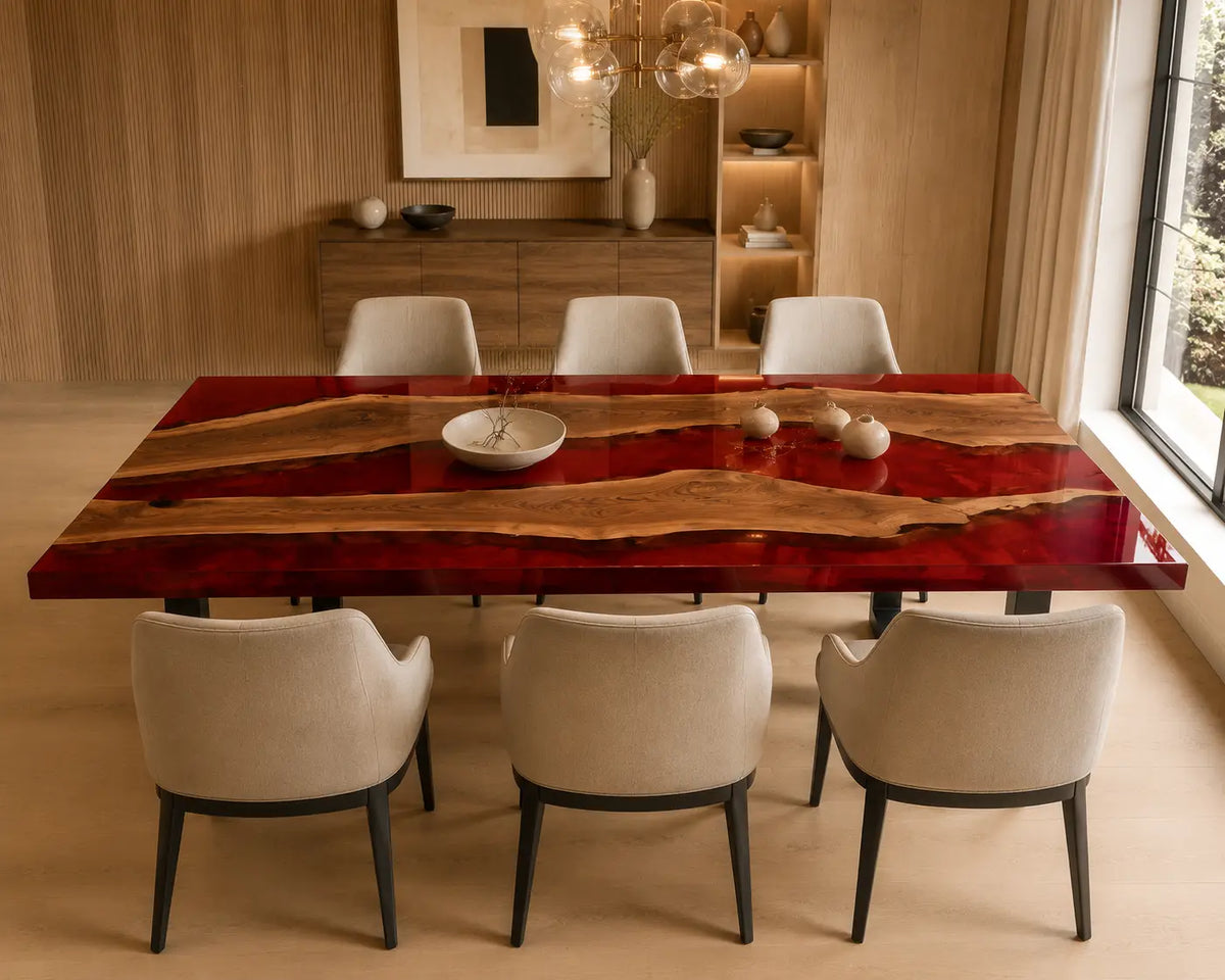 EDTC24 Crimson Island Ruby Red Epoxy Walnut Dining Table featuring handcrafted walnut wood and ruby red resin