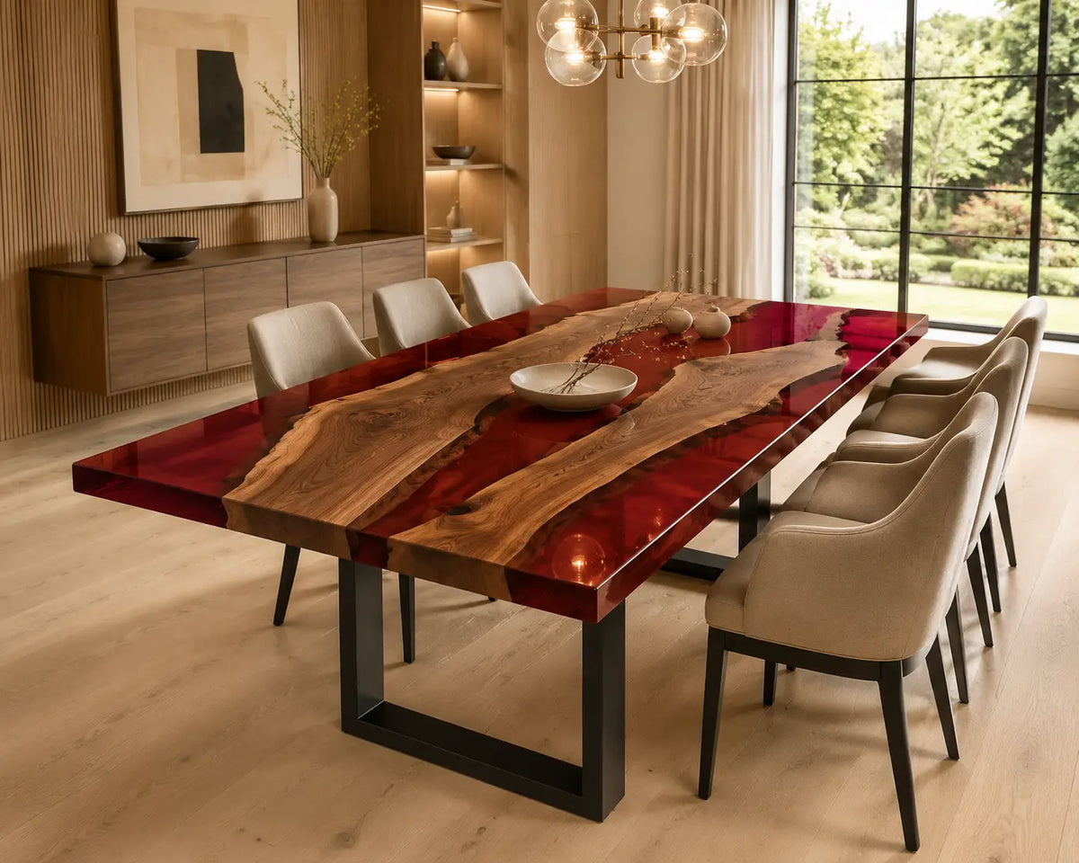 EDTC24 Crimson Island Ruby Red Epoxy Walnut Dining Table featuring handcrafted walnut wood and ruby red resin-2