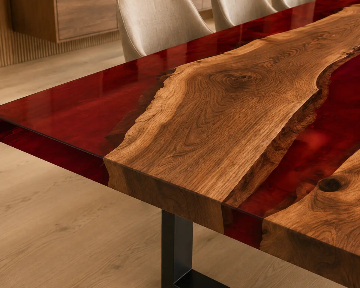 EDTC24 Crimson Island Ruby Red Epoxy Walnut Dining Table featuring handcrafted walnut wood and ruby red resin-3