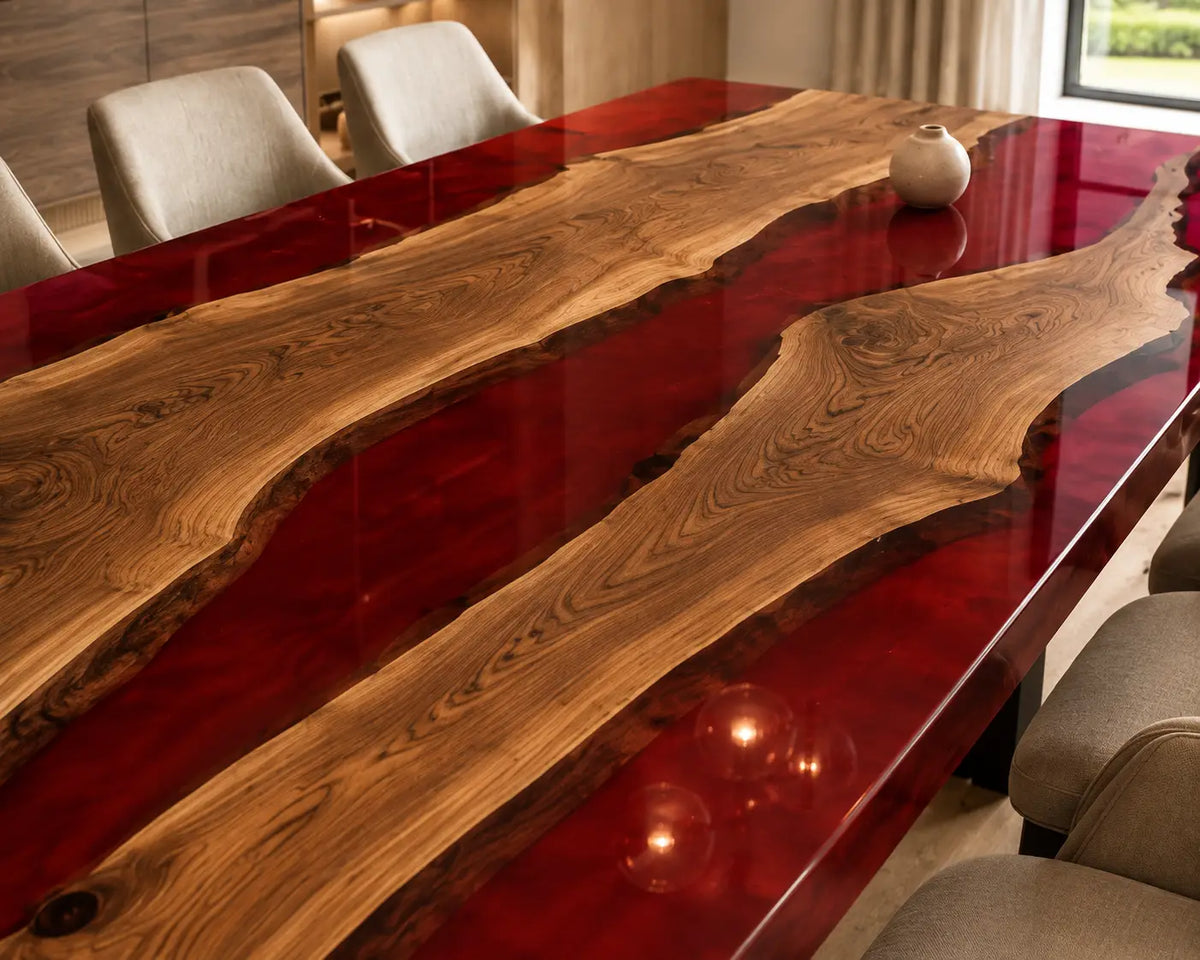 EDTC24 Crimson Island Ruby Red Epoxy Walnut Dining Table featuring handcrafted walnut wood and ruby red resin-4