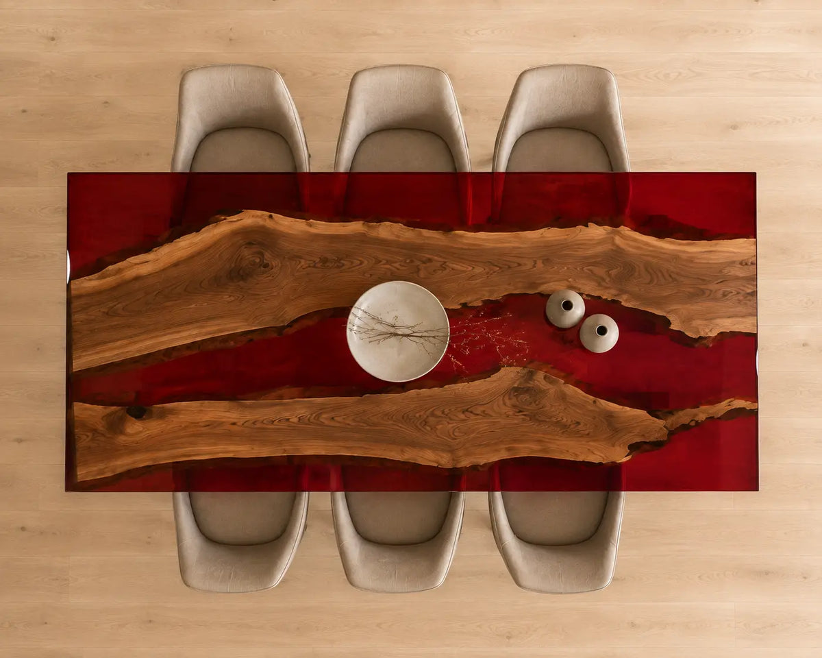 EDTC24 Crimson Island Ruby Red Epoxy Walnut Dining Table featuring handcrafted walnut wood and ruby red resin-5