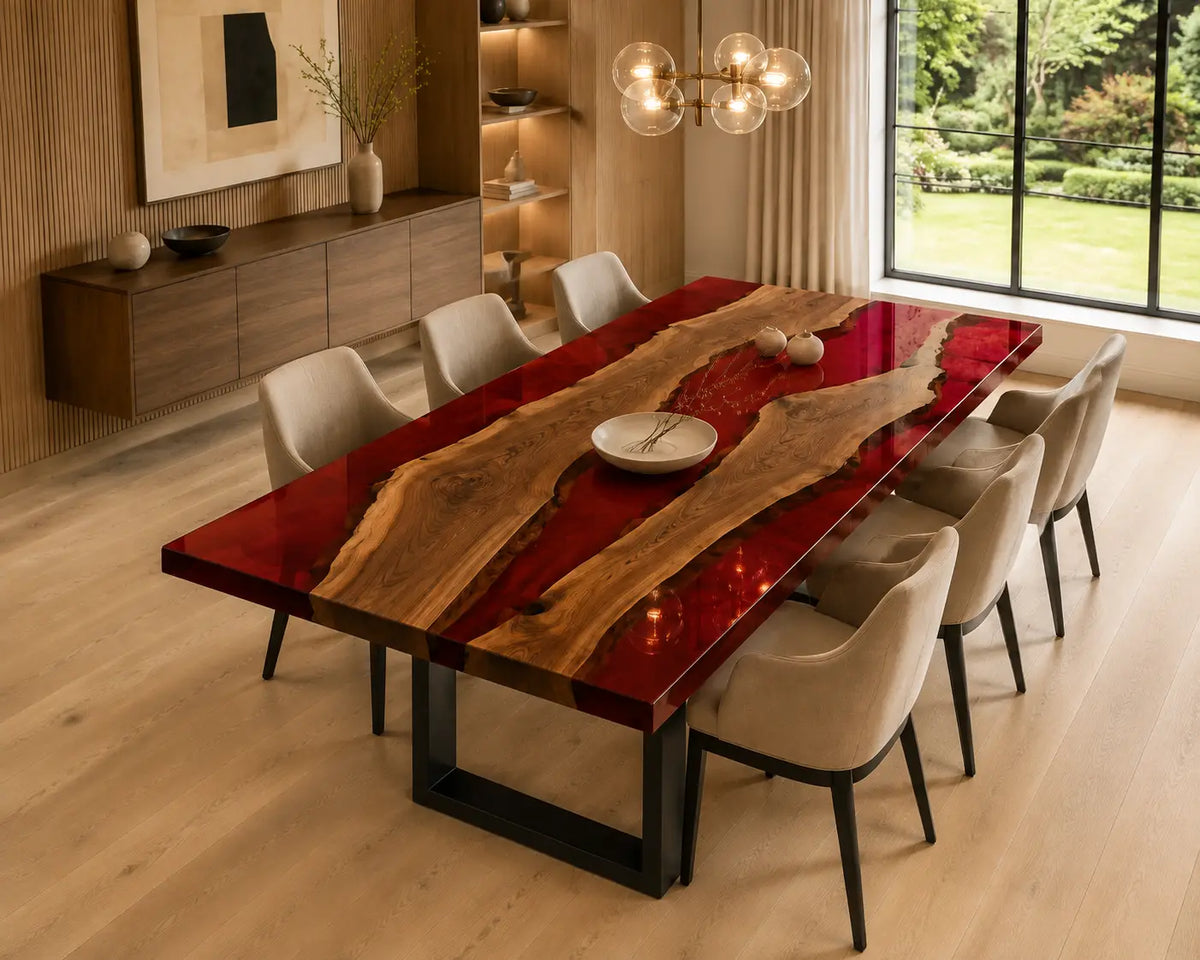 EDTC24 Crimson Island Ruby Red Epoxy Walnut Dining Table featuring handcrafted walnut wood and ruby red resin-6