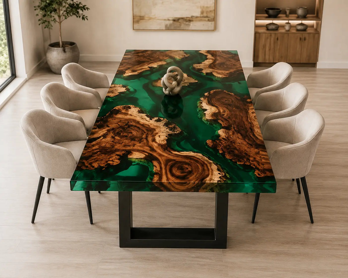 EDTC25 Emerald Isles Emerald Green Epoxy Walnut Dining Table featuring handcrafted walnut wood and emerald green resin