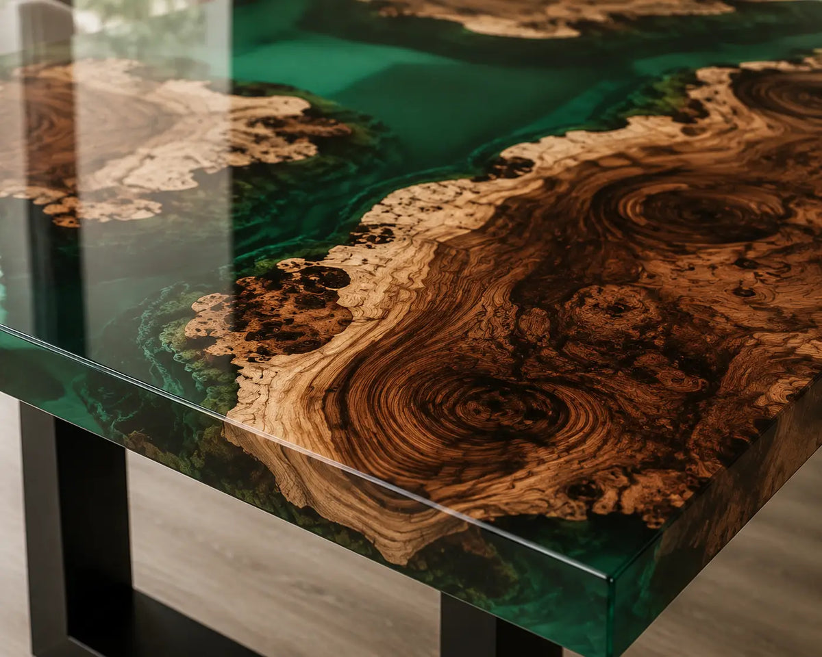EDTC25 Emerald Isles Emerald Green Epoxy Walnut Dining Table featuring handcrafted walnut wood and emerald green resin-2