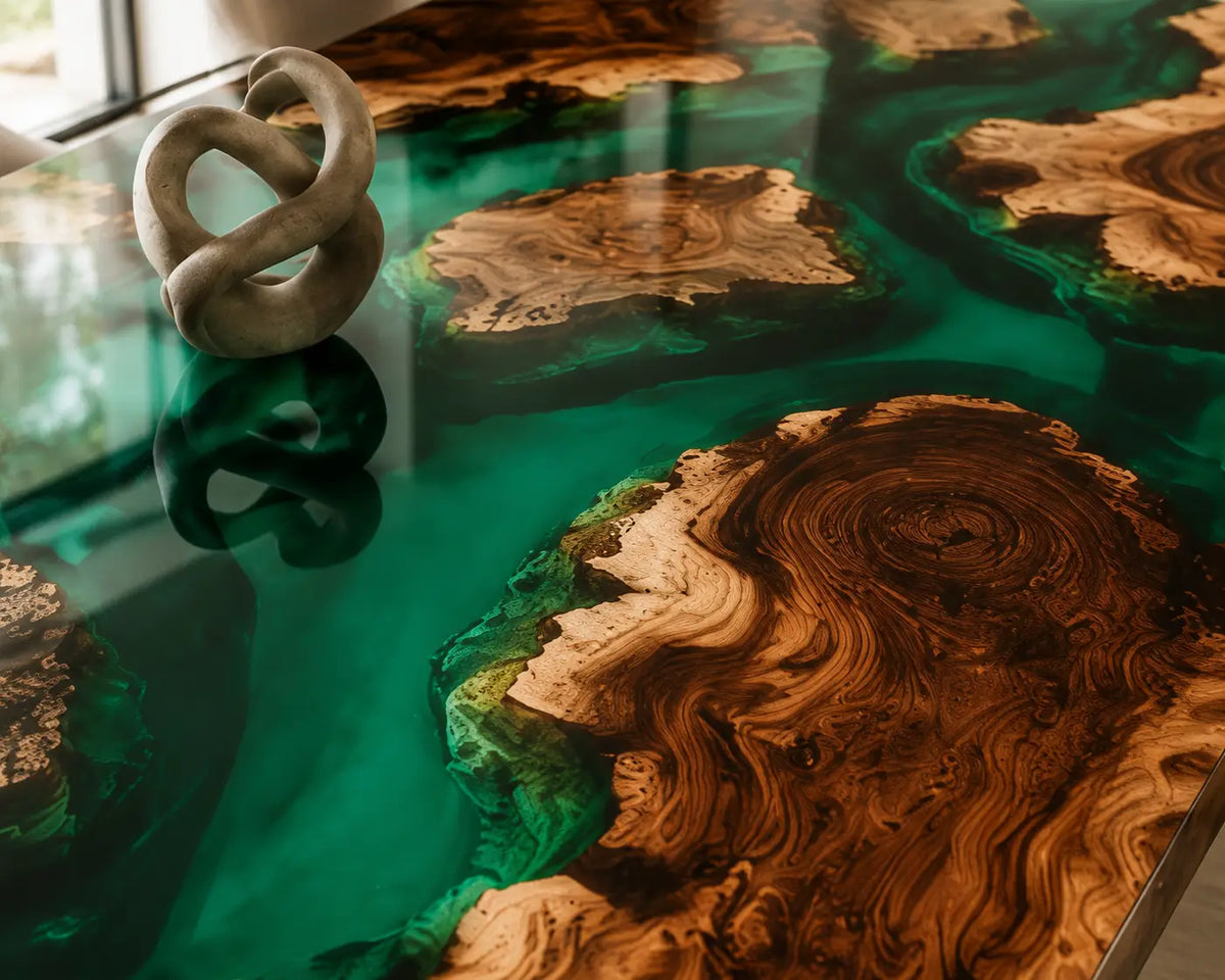 EDTC25 Emerald Isles Emerald Green Epoxy Walnut Dining Table featuring handcrafted walnut wood and emerald green resin-4