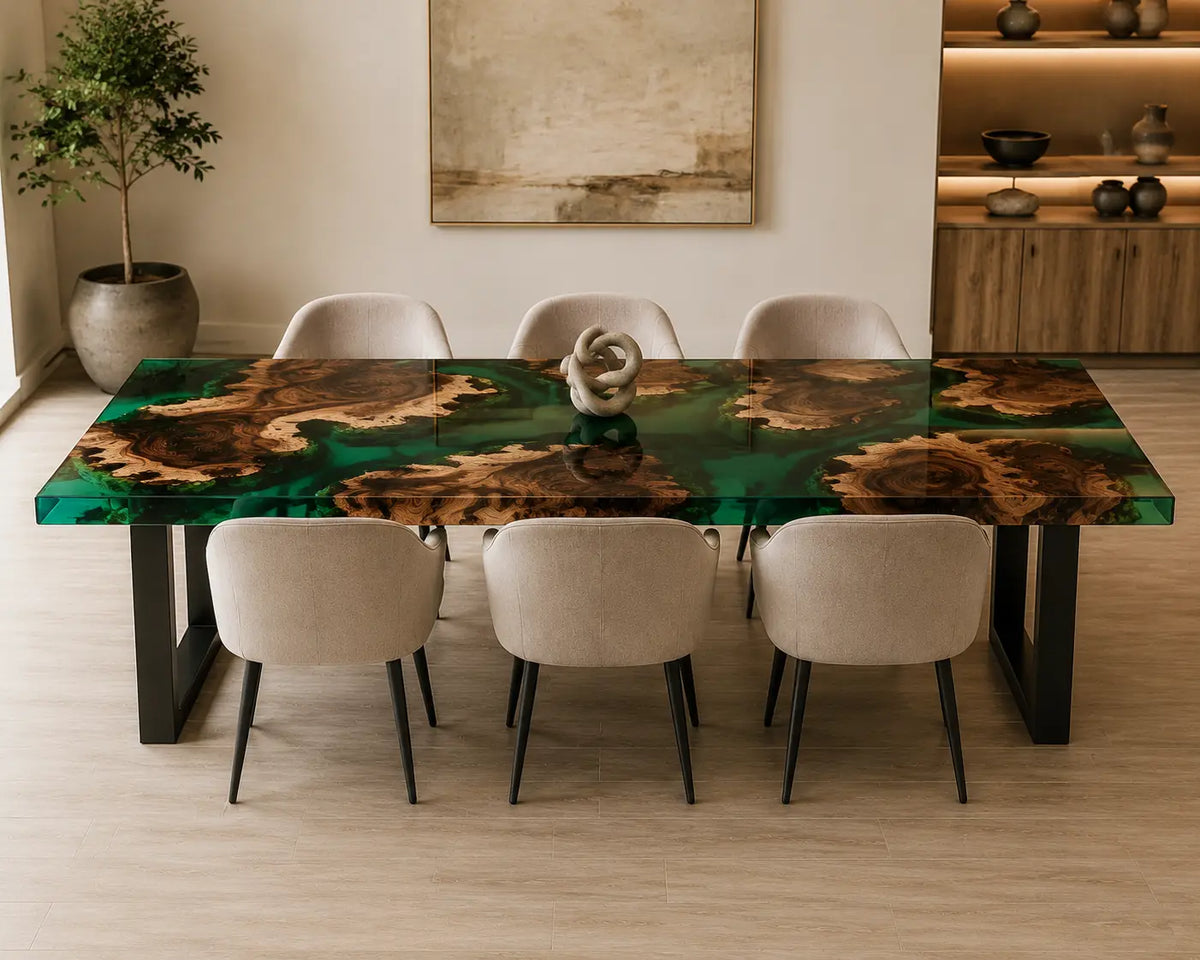 EDTC25 Emerald Isles Emerald Green Epoxy Walnut Dining Table featuring handcrafted walnut wood and emerald green resin-5