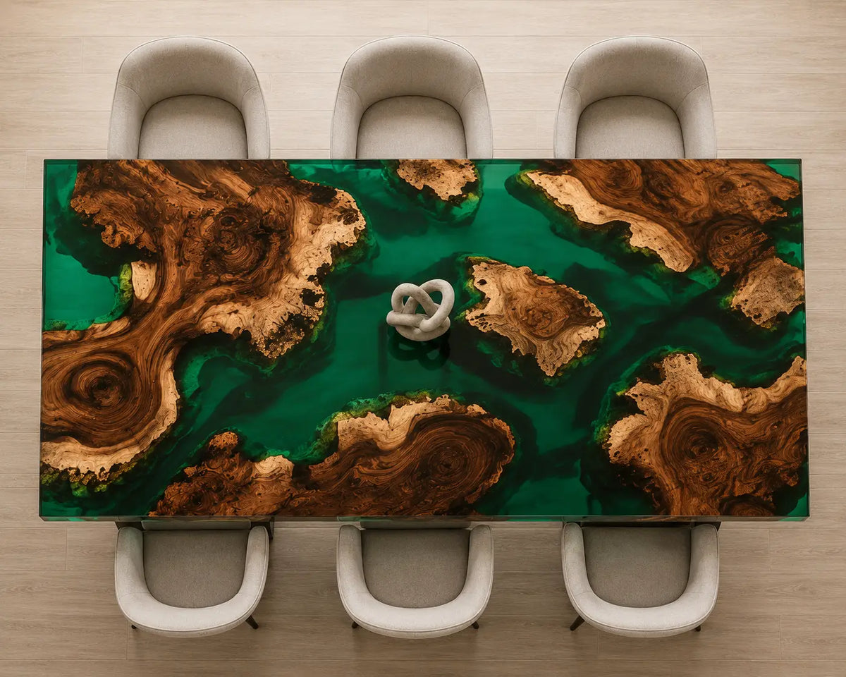 EDTC25 Emerald Isles Emerald Green Epoxy Walnut Dining Table featuring handcrafted walnut wood and emerald green resin-6