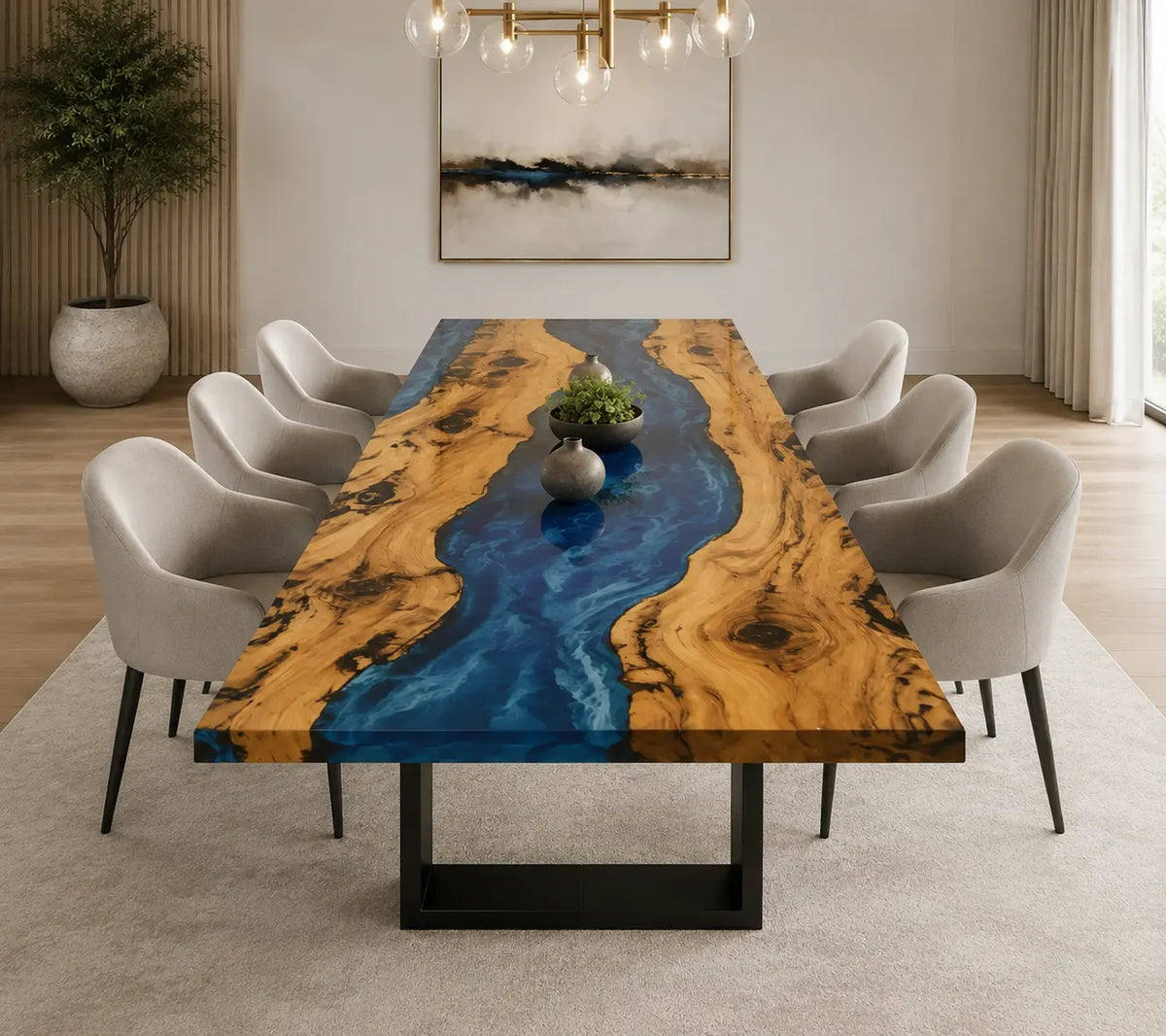 EDTC26 Ocean Gorge Ocean Blue Epoxy Walnut Dining Table featuring handcrafted walnut wood and ocean blue resin