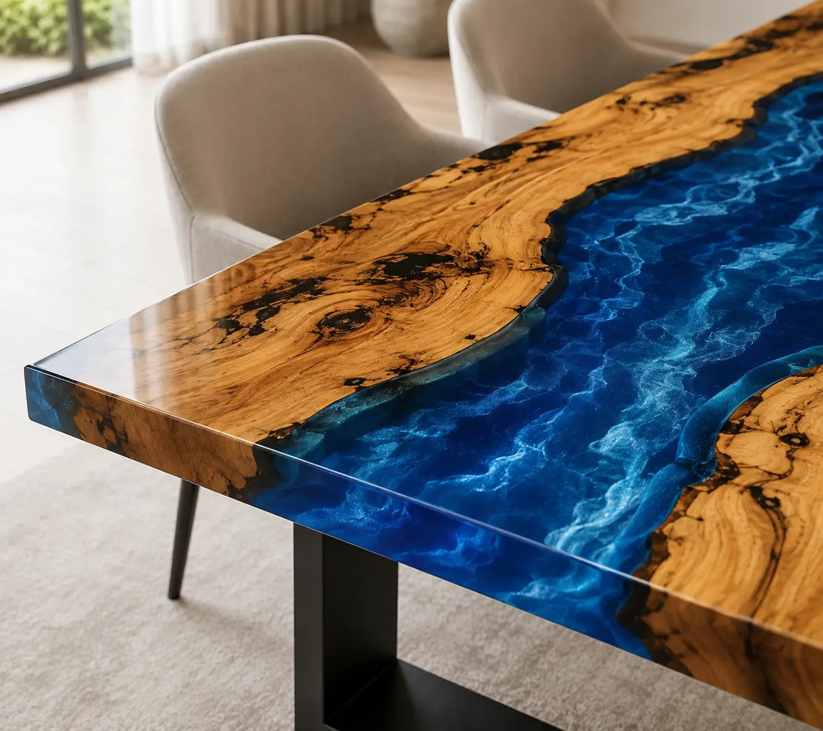 EDTC26 Ocean Gorge Ocean Blue Epoxy Walnut Dining Table featuring handcrafted walnut wood and ocean blue resin-4