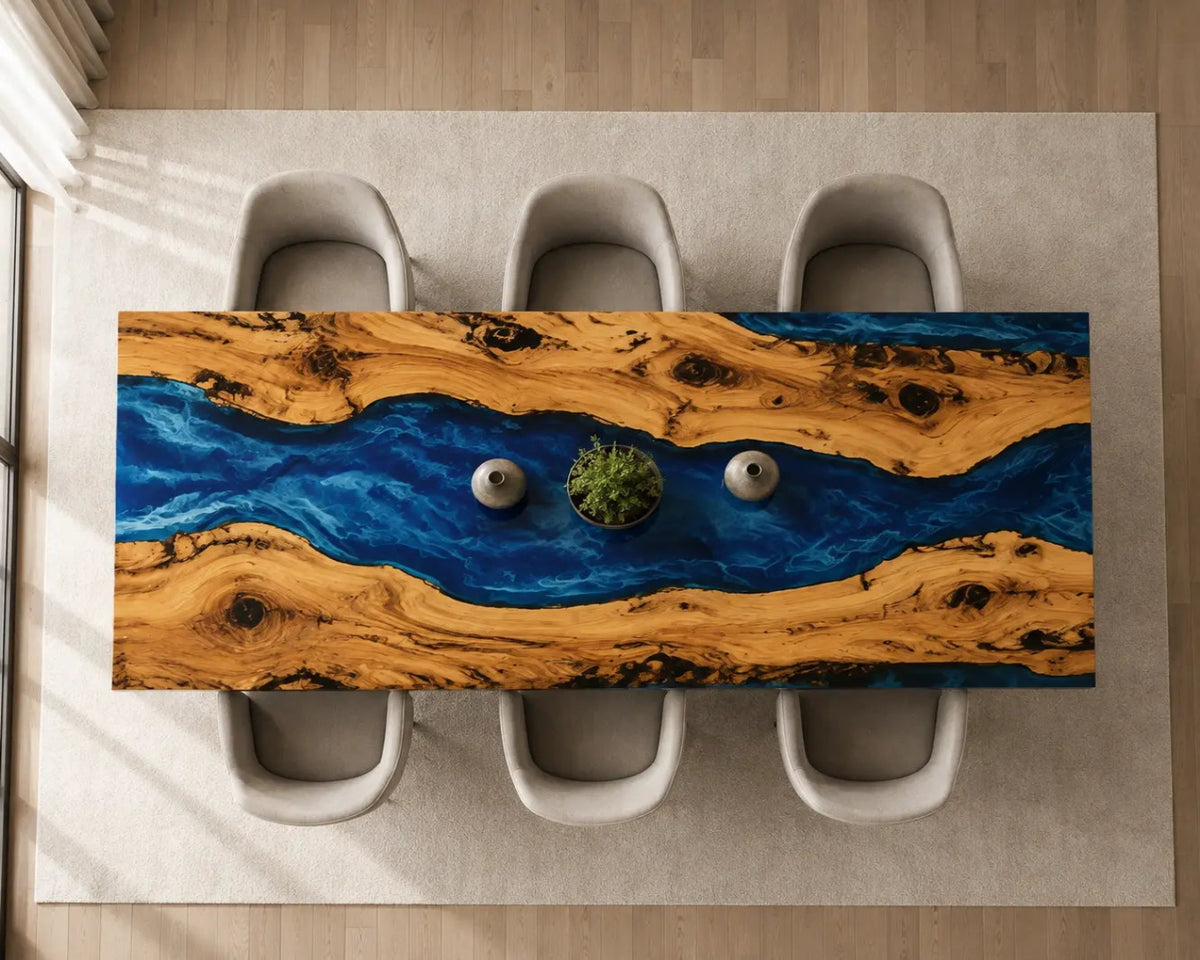 EDTC26 Ocean Gorge Ocean Blue Epoxy Walnut Dining Table featuring handcrafted walnut wood and ocean blue resin-5