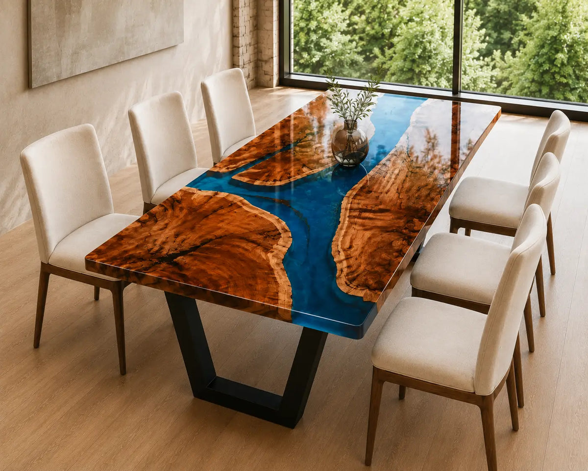 EDTC27 Cobalt Junction Cobalt Blue Epoxy Walnut Dining Table featuring handcrafted walnut wood and cobalt blue resin