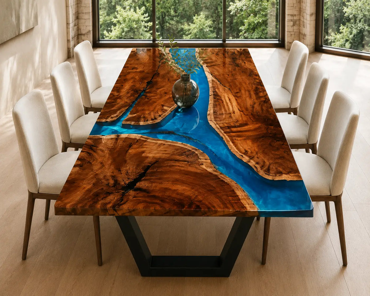EDTC27 Cobalt Junction Cobalt Blue Epoxy Walnut Dining Table featuring handcrafted walnut wood and cobalt blue resin-2