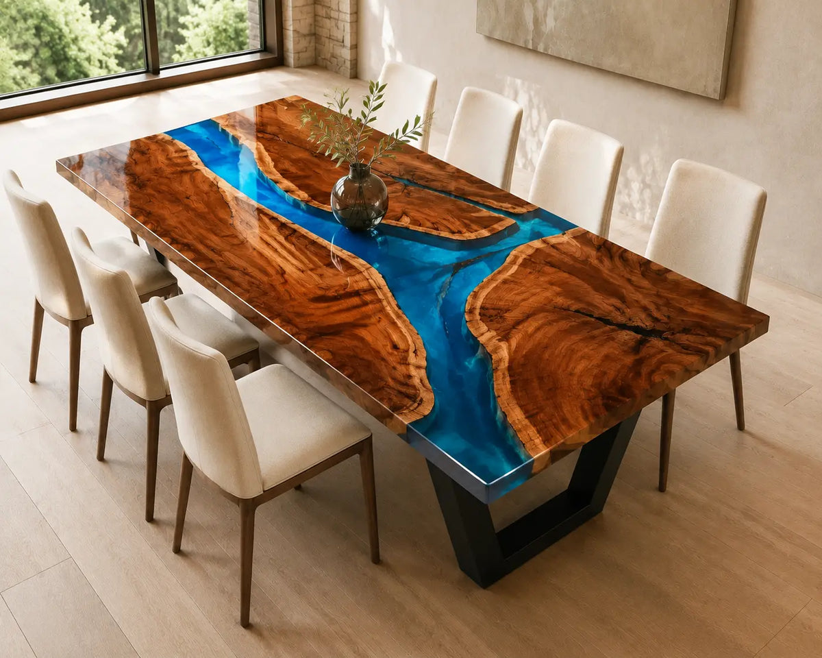 EDTC27 Cobalt Junction Cobalt Blue Epoxy Walnut Dining Table featuring handcrafted walnut wood and cobalt blue resin-5
