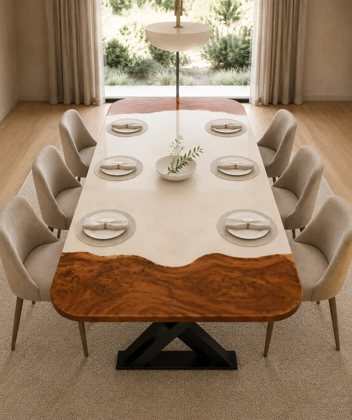 EDTC28 Ivory Portal Pearl White Epoxy Walnut Dining Table featuring handcrafted walnut wood and pearl white resin