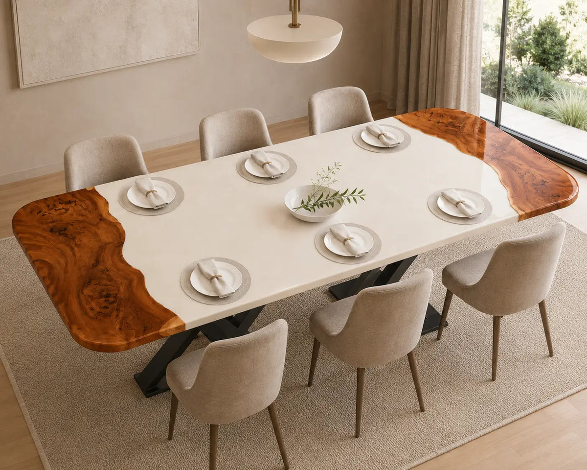 EDTC28 Ivory Portal Pearl White Epoxy Walnut Dining Table featuring handcrafted walnut wood and pearl white resin-2