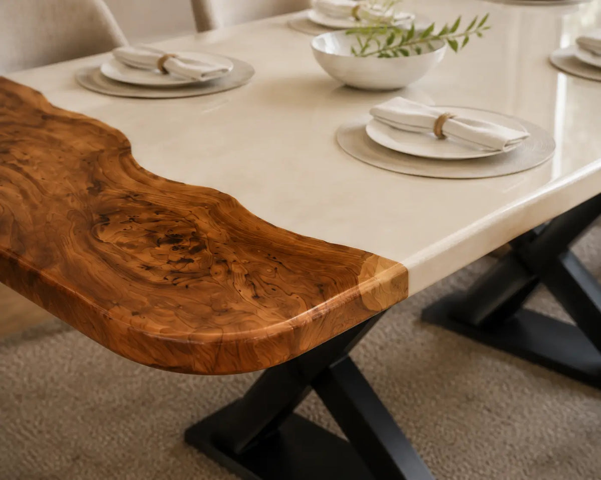 EDTC28 Ivory Portal Pearl White Epoxy Walnut Dining Table featuring handcrafted walnut wood and pearl white resin-4