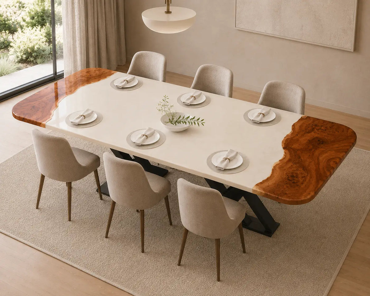 EDTC28 Ivory Portal Pearl White Epoxy Walnut Dining Table featuring handcrafted walnut wood and pearl white resin-5
