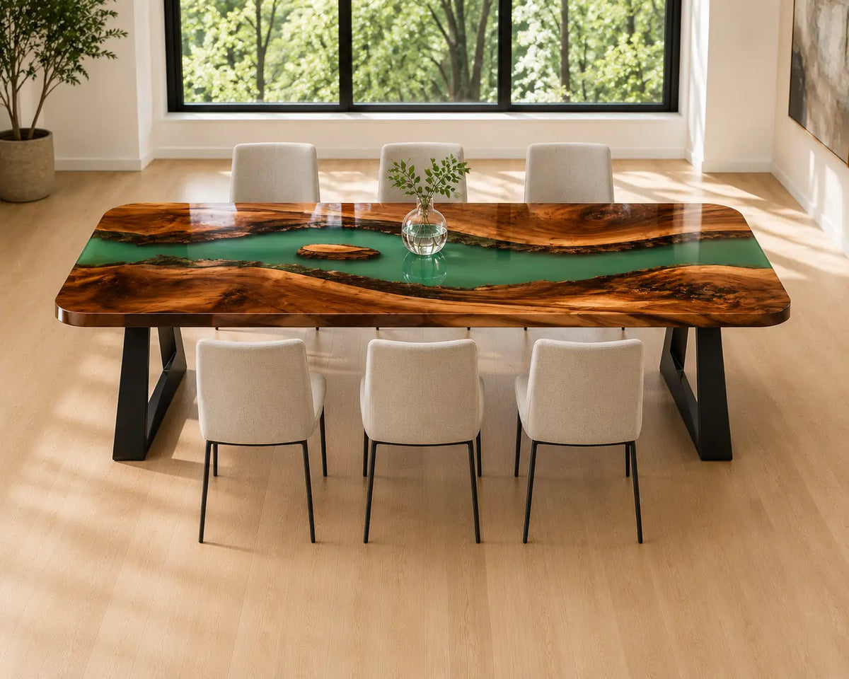 EDTC29 Jade Reflection Jade Green Epoxy Walnut Dining Table featuring handcrafted walnut wood and jade green resin