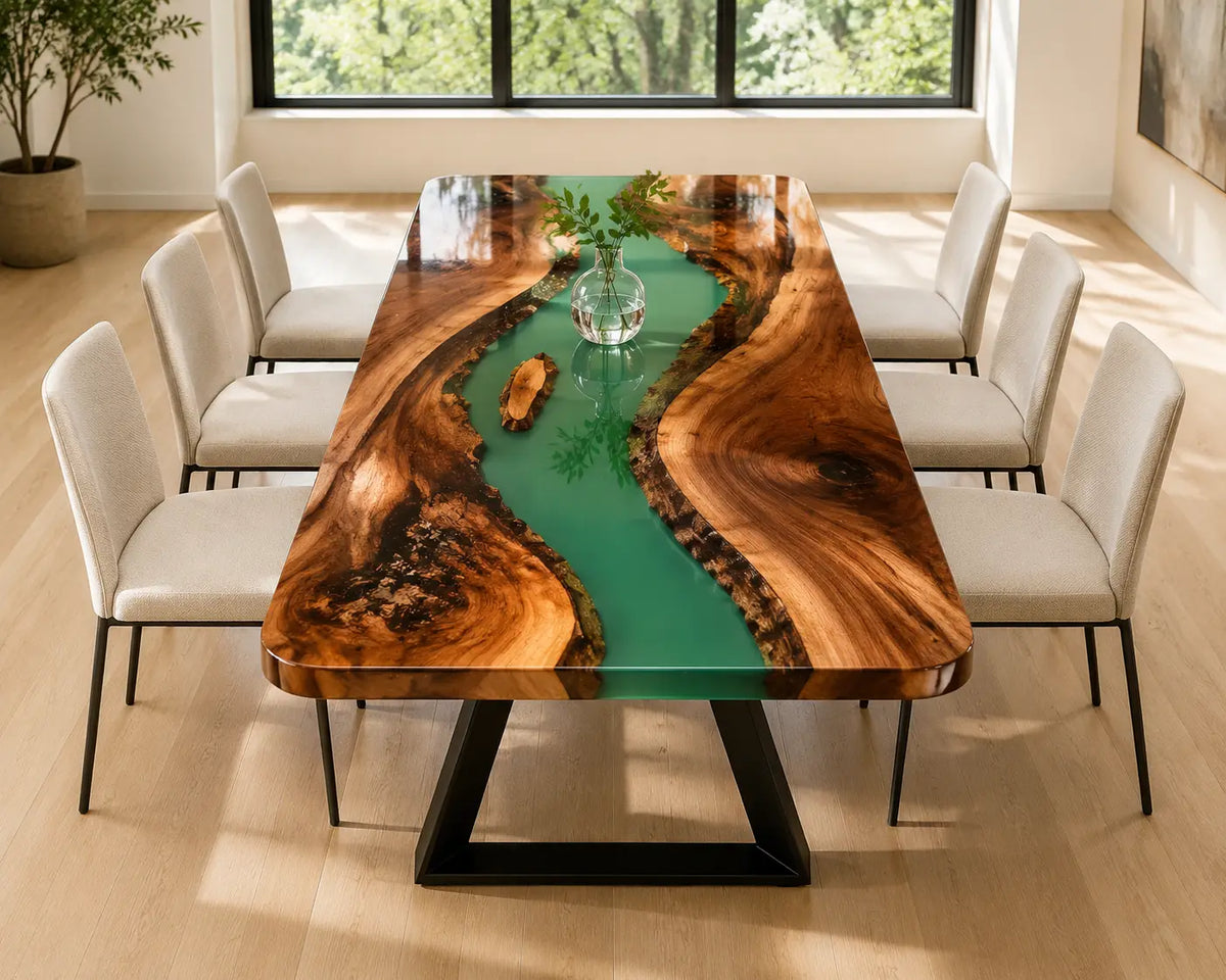 EDTC29 Jade Reflection Jade Green Epoxy Walnut Dining Table featuring handcrafted walnut wood and jade green resin-2