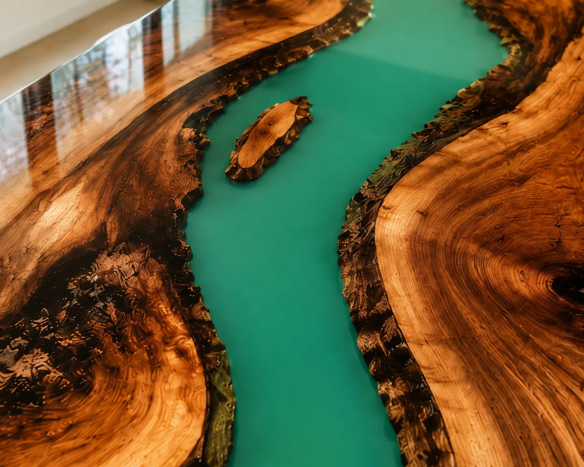 EDTC29 Jade Reflection Jade Green Epoxy Walnut Dining Table featuring handcrafted walnut wood and jade green resin-2