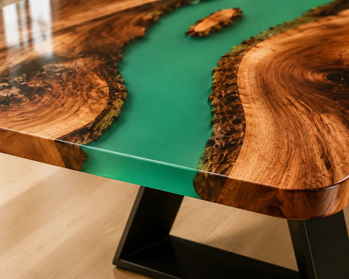 EDTC29 Jade Reflection Jade Green Epoxy Walnut Dining Table featuring handcrafted walnut wood and jade green resin-4