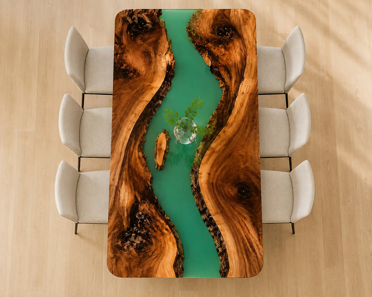 EDTC29 Jade Reflection Jade Green Epoxy Walnut Dining Table featuring handcrafted walnut wood and jade green resin-5