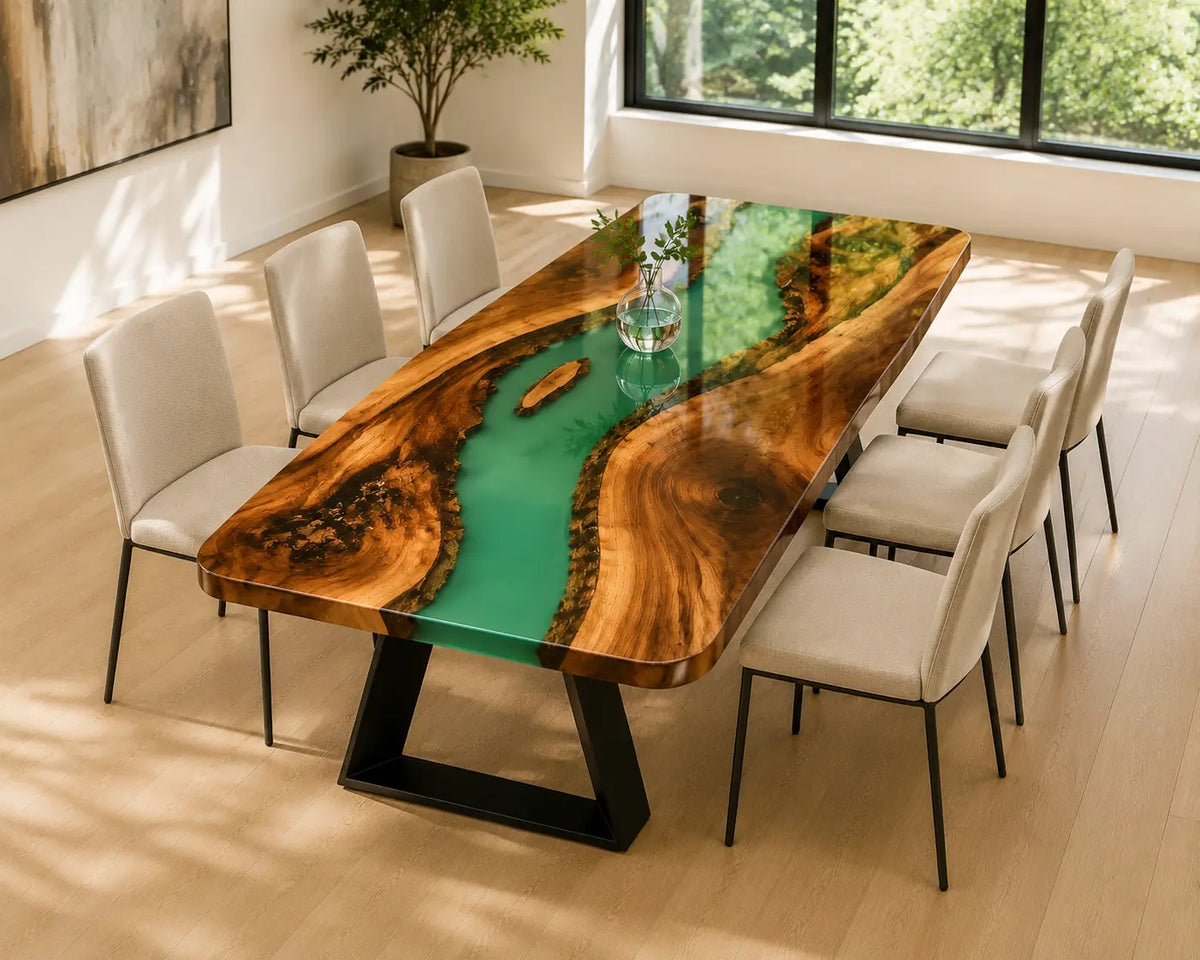 EDTC29 Jade Reflection Jade Green Epoxy Walnut Dining Table featuring handcrafted walnut wood and jade green resin-6