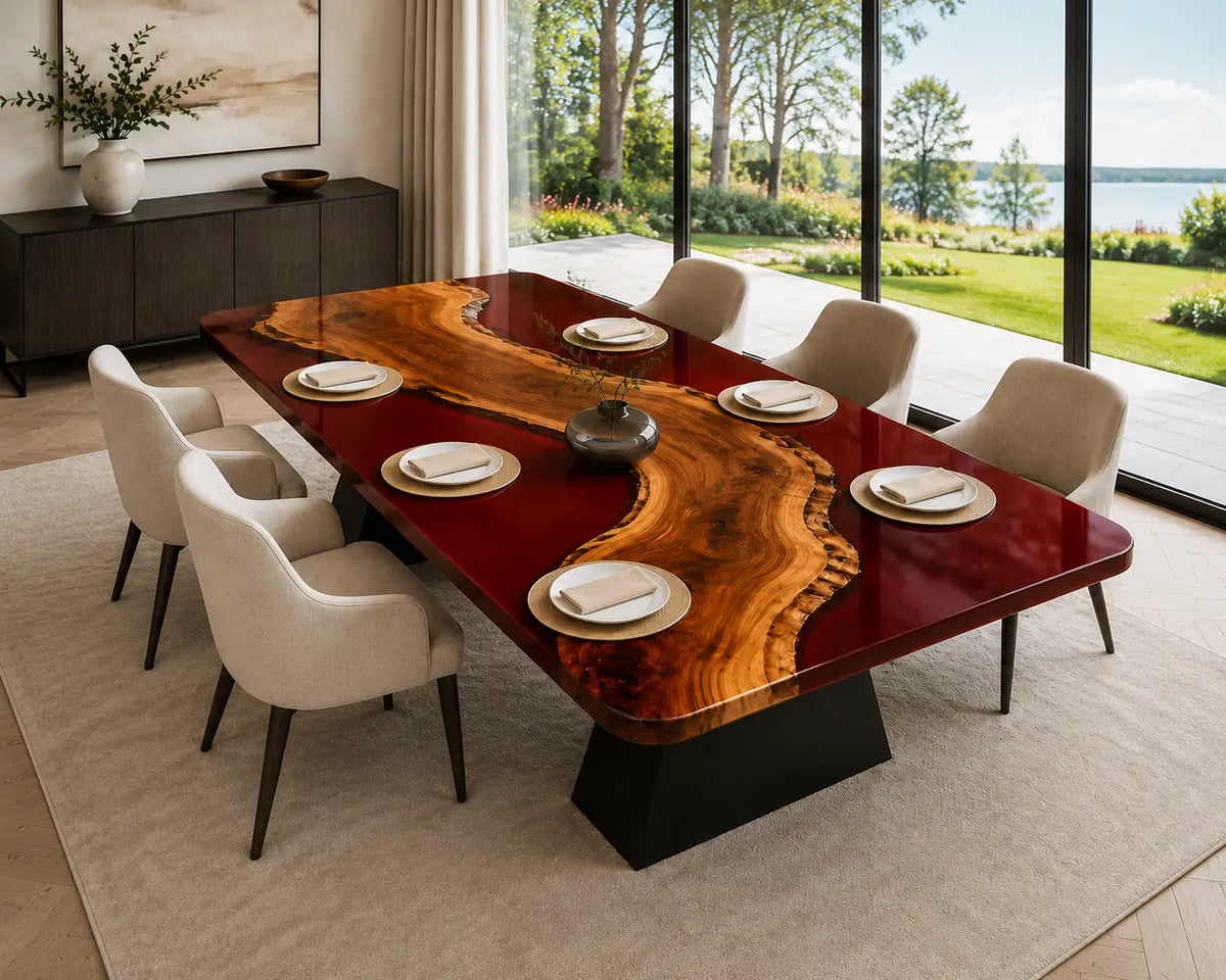 EDTC30 Garnet Sweep Burgundy Red Epoxy Walnut Dining Table featuring handcrafted walnut wood and burgundy red resin