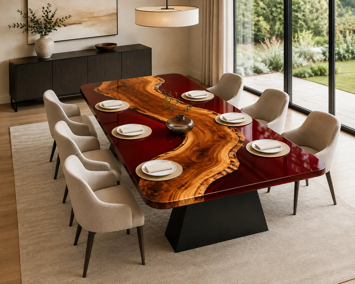EDTC30 Garnet Sweep Burgundy Red Epoxy Walnut Dining Table featuring handcrafted walnut wood and burgundy red resin-1
