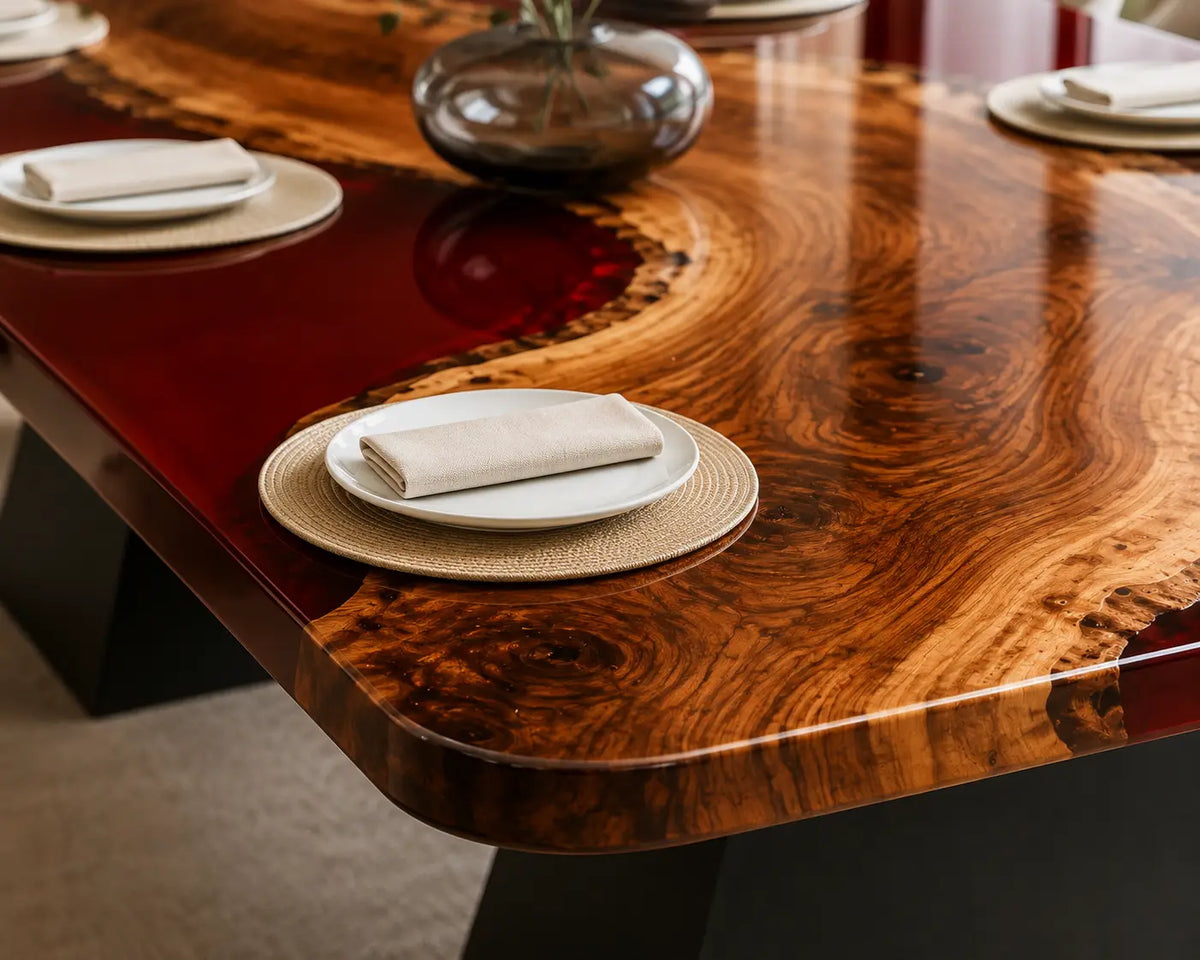 EDTC30 Garnet Sweep Burgundy Red Epoxy Walnut Dining Table featuring handcrafted walnut wood and burgundy red resin-2