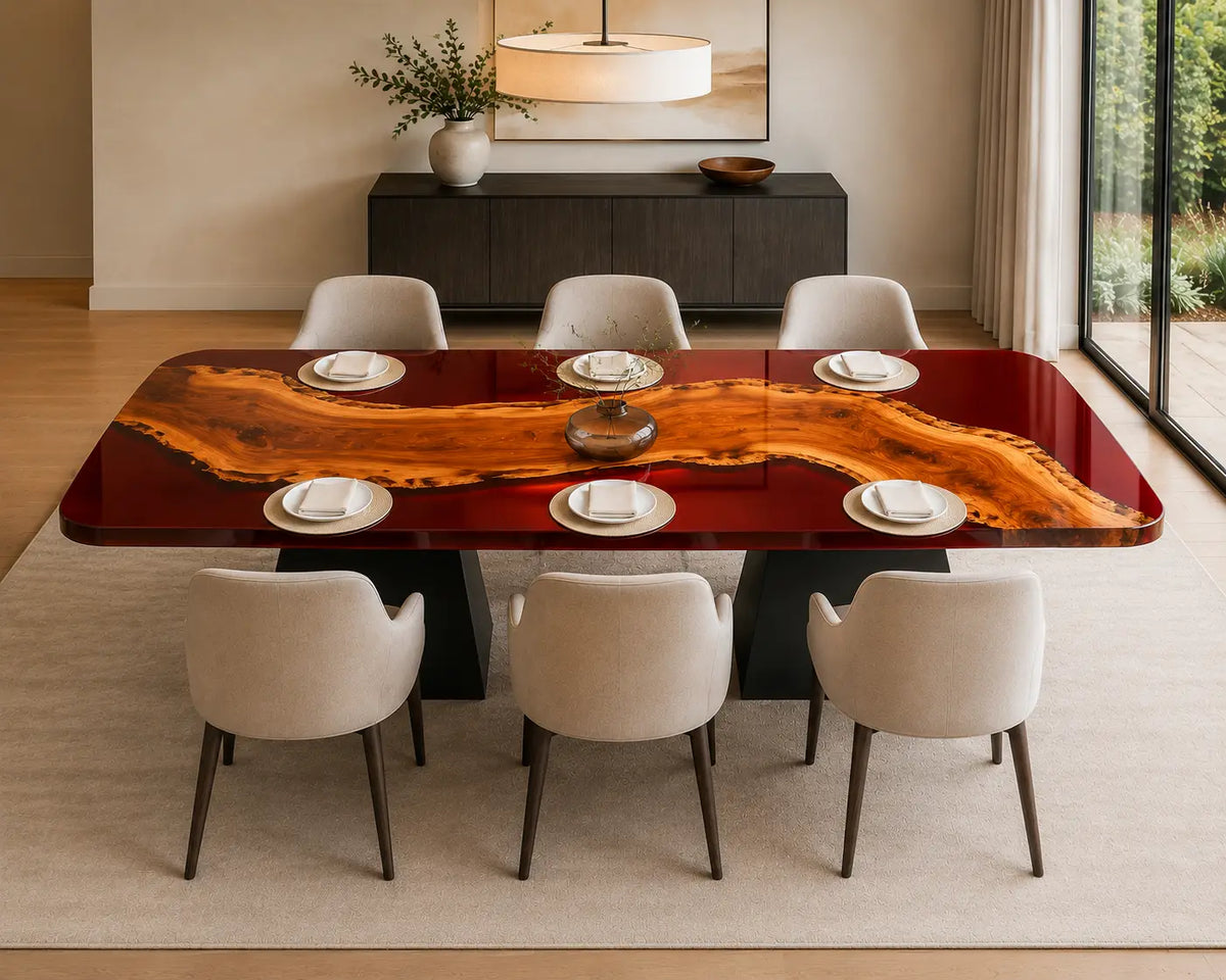 EDTC30 Garnet Sweep Burgundy Red Epoxy Walnut Dining Table featuring handcrafted walnut wood and burgundy red resin-6
