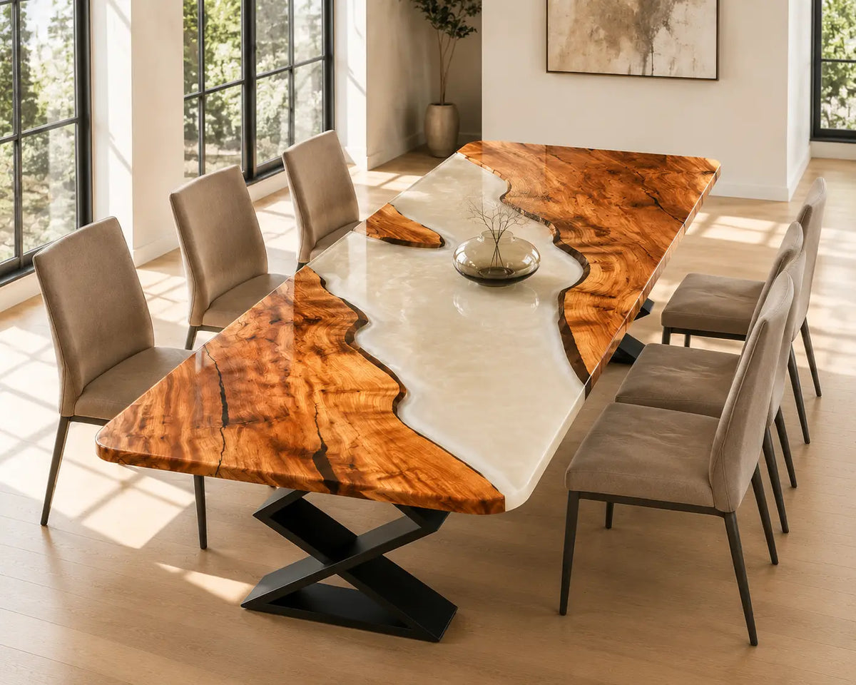 EDTC31 Moonlit Divide Pearl White Epoxy Walnut Dining Table featuring handcrafted walnut wood and pearl white resin
