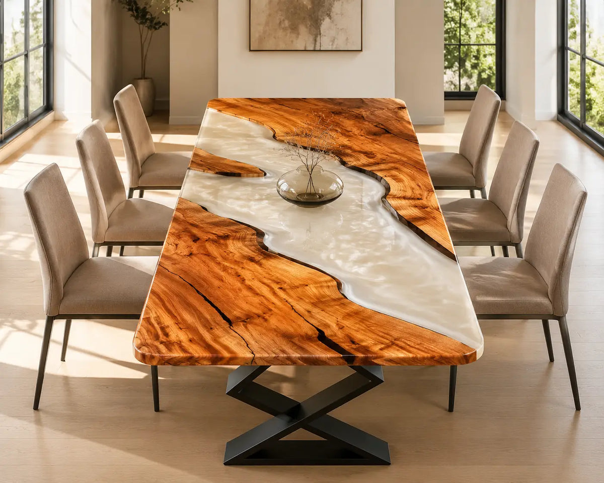 EDTC31 Moonlit Divide Pearl White Epoxy Walnut Dining Table featuring handcrafted walnut wood and pearl white resin-2