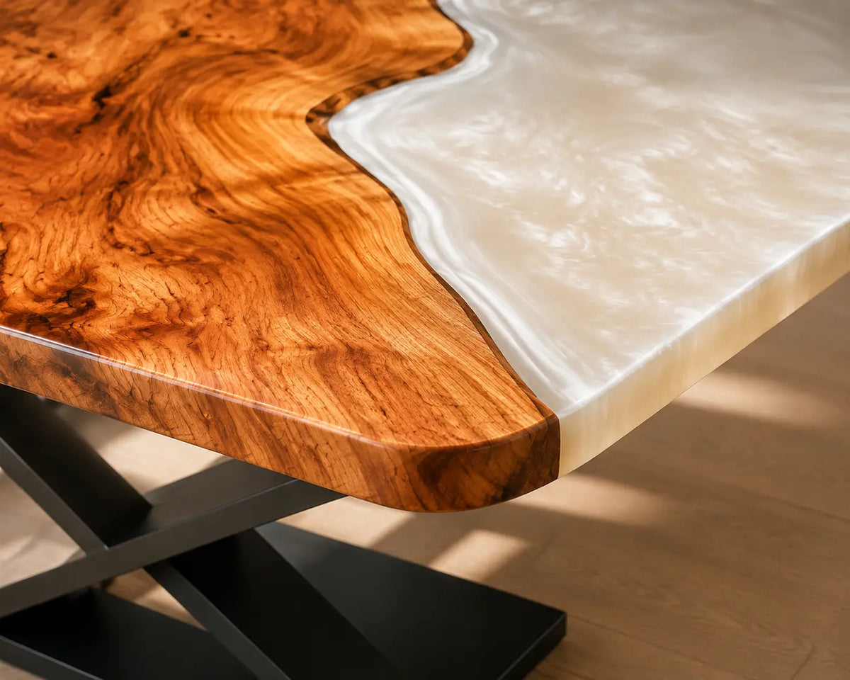 EDTC31 Moonlit Divide Pearl White Epoxy Walnut Dining Table featuring handcrafted walnut wood and pearl white resin-4