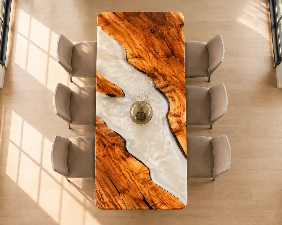 EDTC31 Moonlit Divide Pearl White Epoxy Walnut Dining Table featuring handcrafted walnut wood and pearl white resin-5