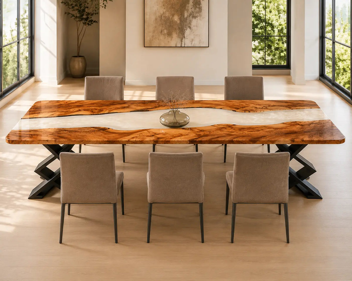 EDTC31 Moonlit Divide Pearl White Epoxy Walnut Dining Table featuring handcrafted walnut wood and pearl white resin-6