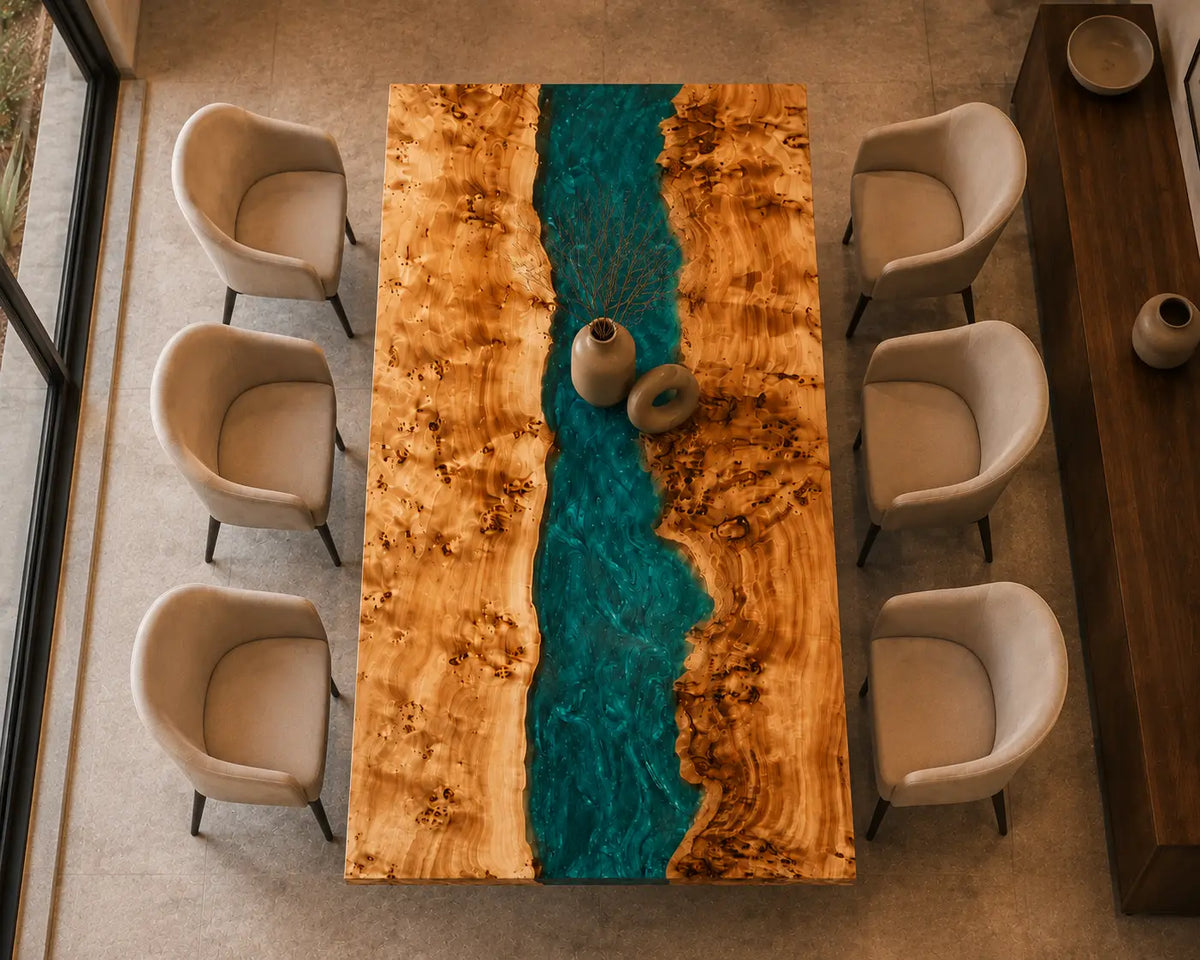 EDTC32 Turquoise Ravine Turquoise Epoxy Poplar Dining Table featuring handcrafted poplar wood and turquoise resin