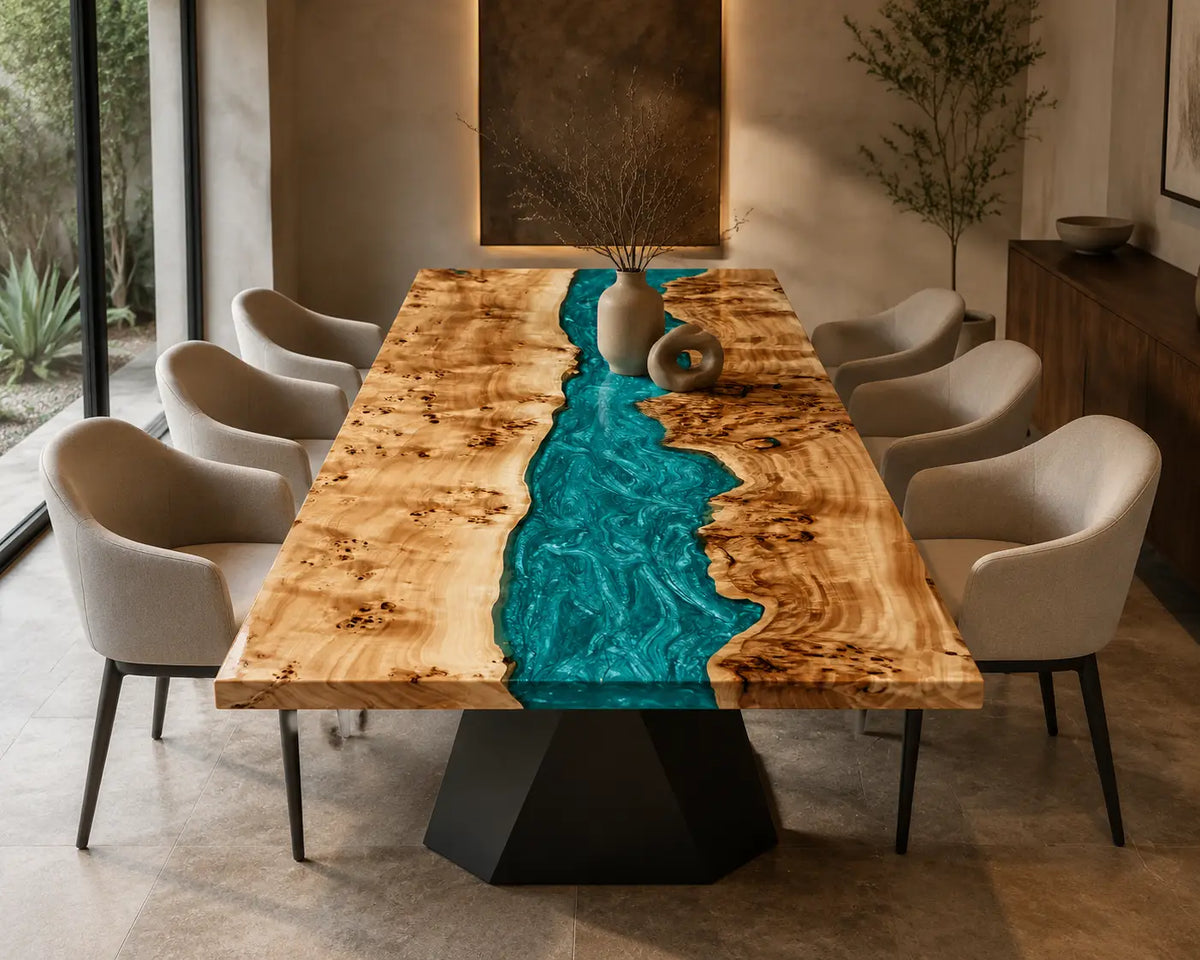 EDTC32 Turquoise Ravine Turquoise Epoxy Poplar Dining Table featuring handcrafted poplar wood and turquoise resin-2