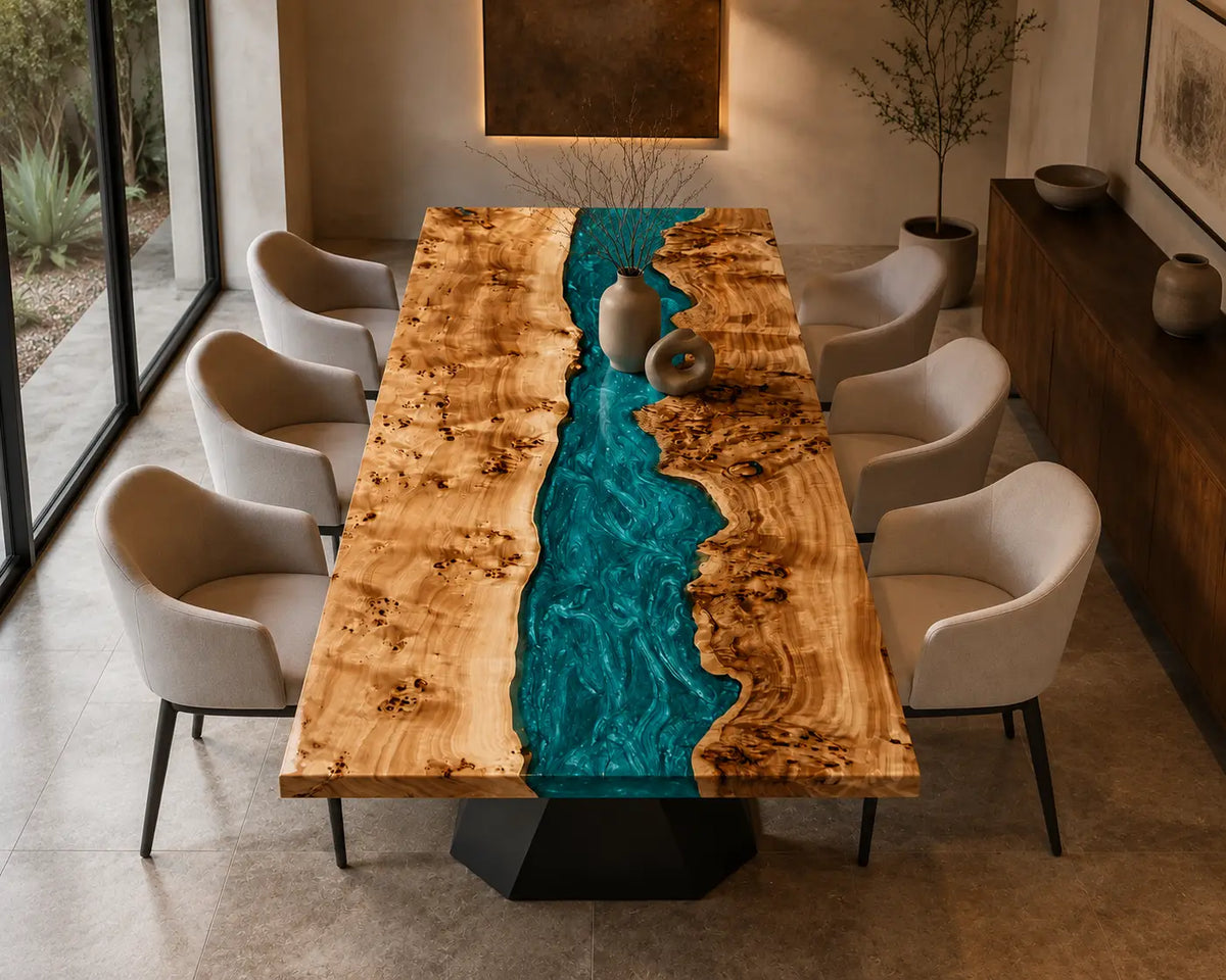 EDTC32 Turquoise Ravine Turquoise Epoxy Poplar Dining Table featuring handcrafted poplar wood and turquoise resin-5