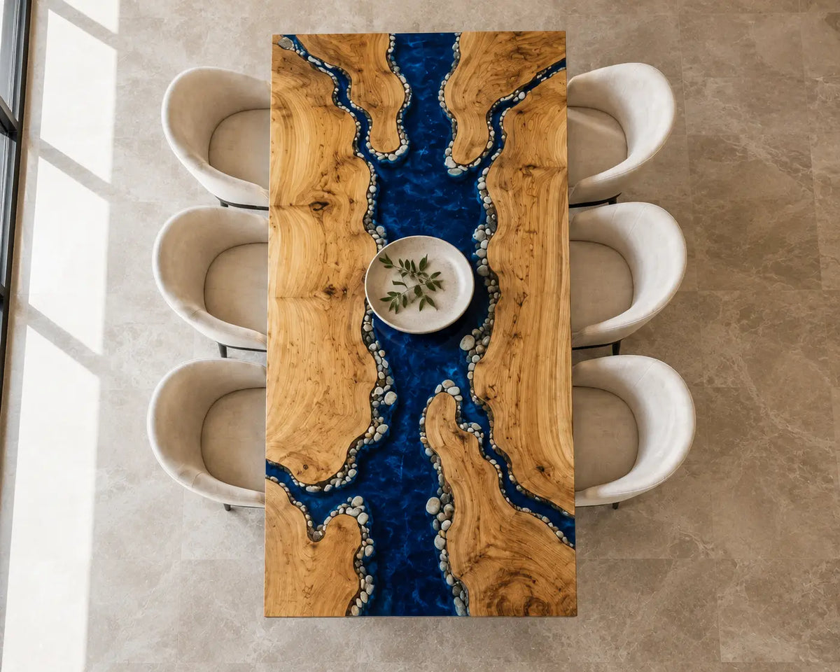 EDTC33 Sapphire Tributary Sapphire Blue Epoxy Poplar Dining Table featuring handcrafted poplar wood and sapphire blue resin