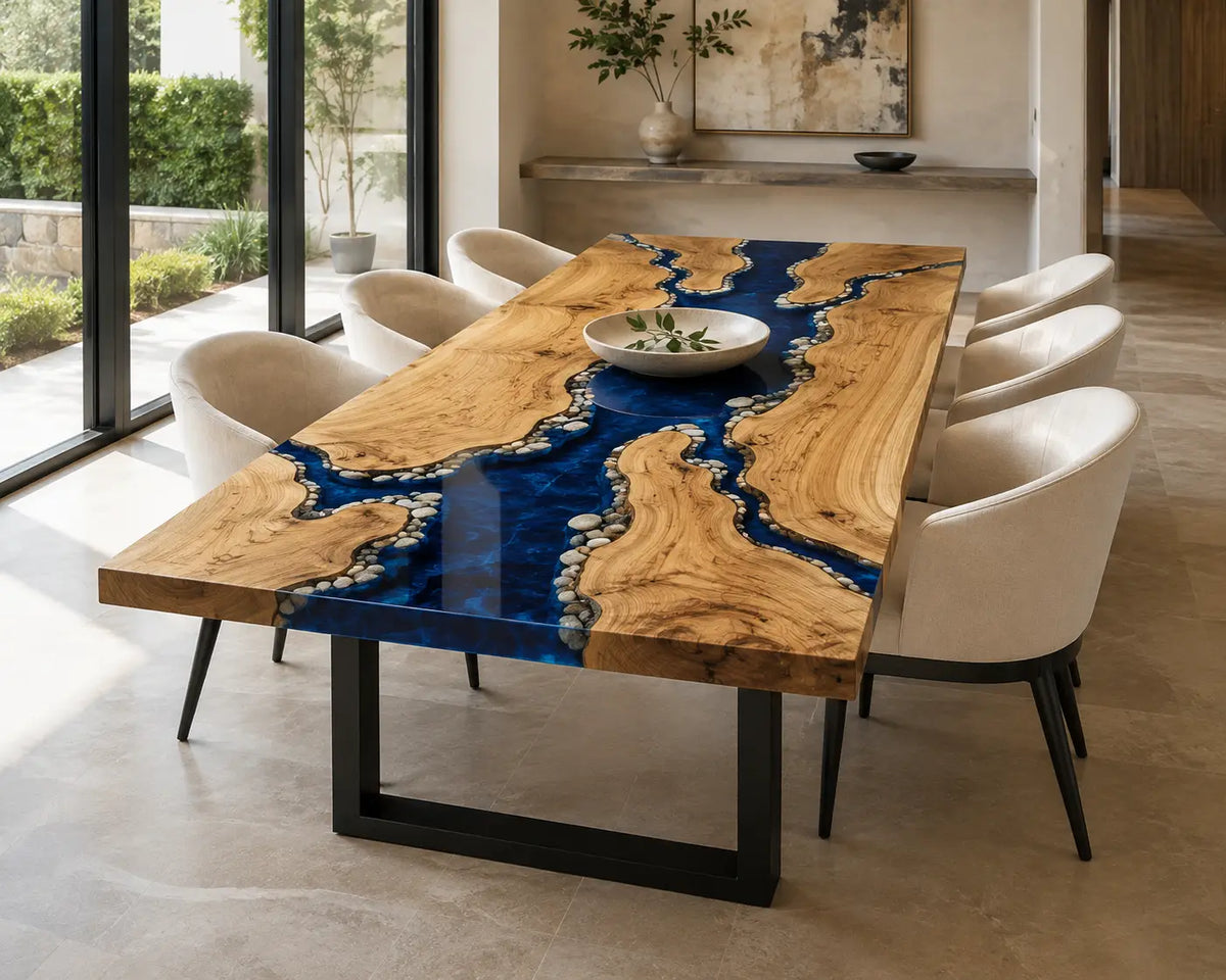 EDTC33 Sapphire Tributary Sapphire Blue Epoxy Poplar Dining Table featuring handcrafted poplar wood and sapphire blue resin-2