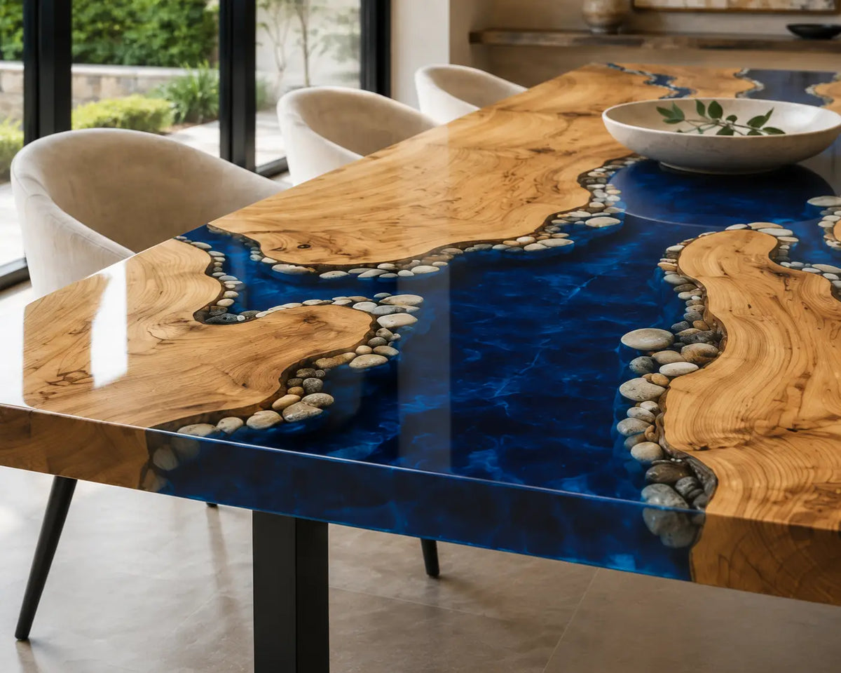 EDTC33 Sapphire Tributary Sapphire Blue Epoxy Poplar Dining Table featuring handcrafted poplar wood and sapphire blue resin-3