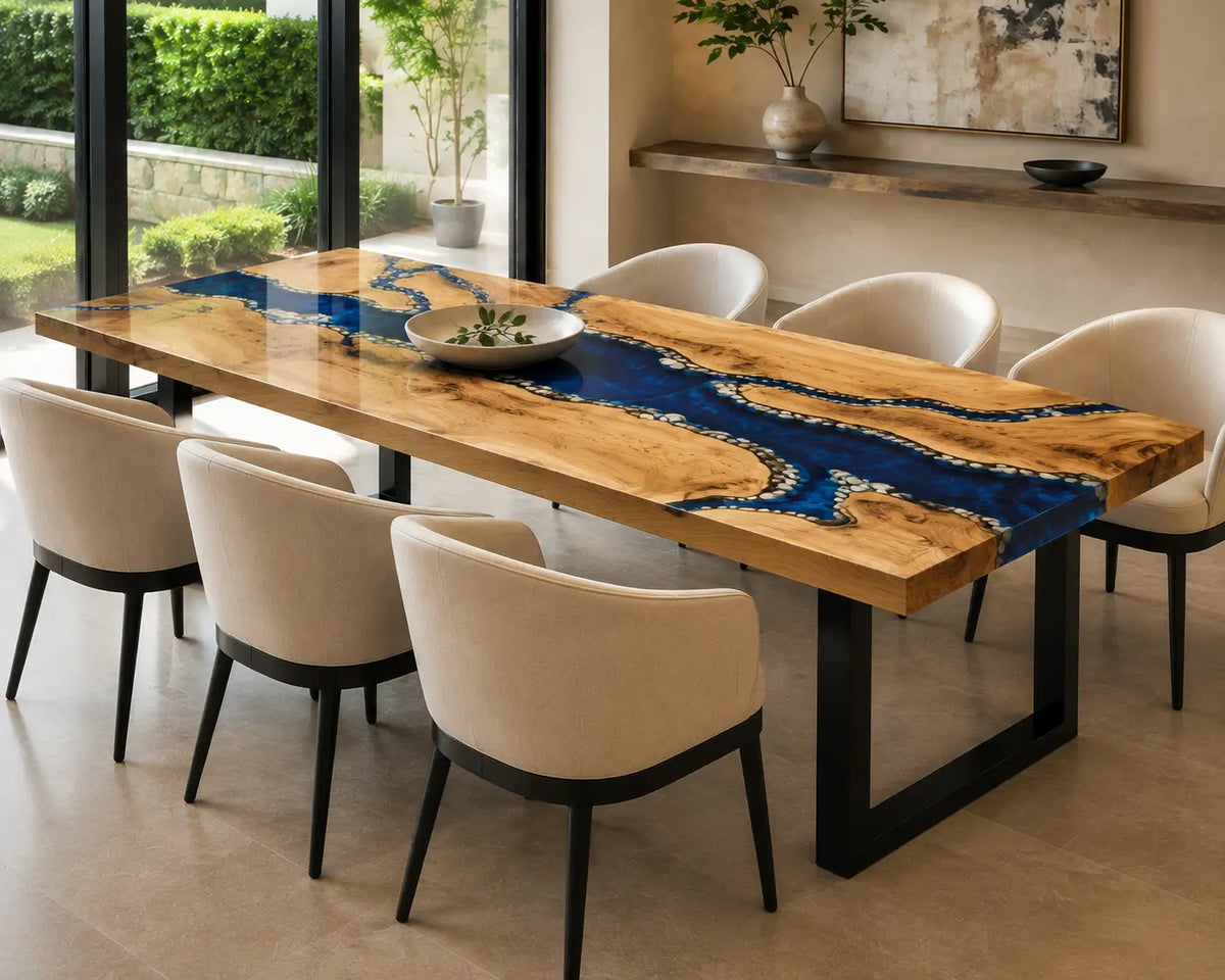 EDTC33 Sapphire Tributary Sapphire Blue Epoxy Poplar Dining Table featuring handcrafted poplar wood and sapphire blue resin-5