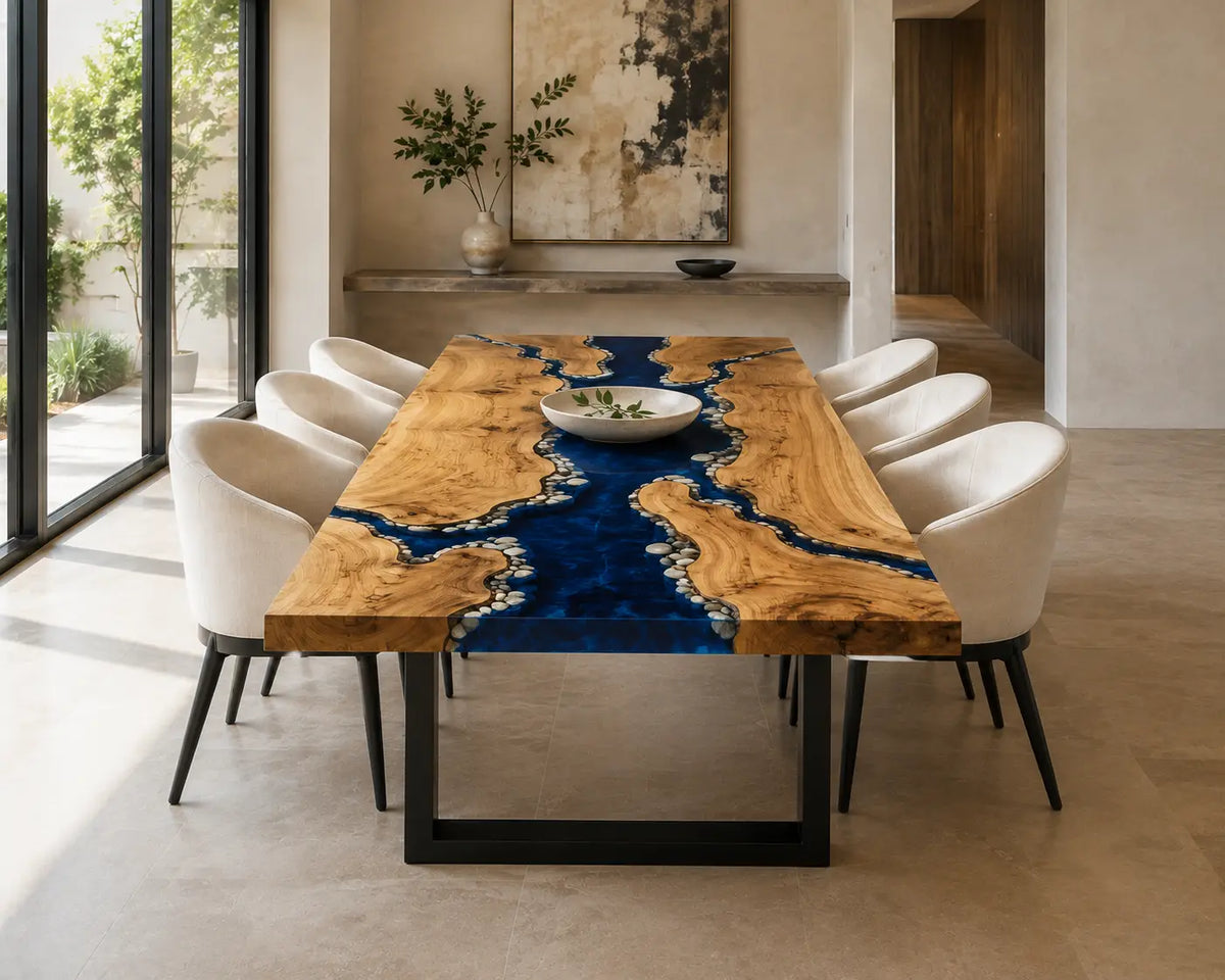 EDTC33 Sapphire Tributary Sapphire Blue Epoxy Poplar Dining Table featuring handcrafted poplar wood and sapphire blue resin-6