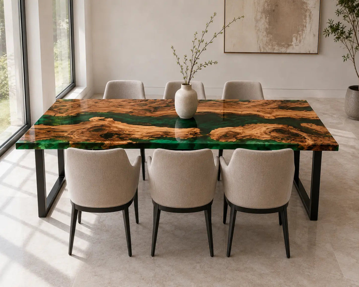 EDTC34 Forest Cathedral Emerald Green Epoxy Olive Wood Dining Table featuring handcrafted olive wood and emerald green resin