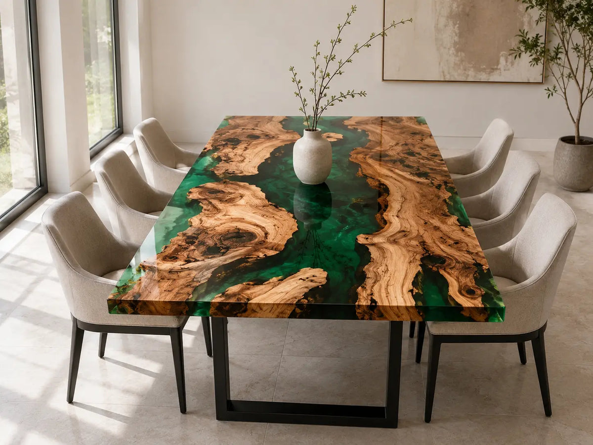 EDTC34 Forest Cathedral Emerald Green Epoxy Olive Wood Dining Table featuring handcrafted olive wood and emerald green resin-1